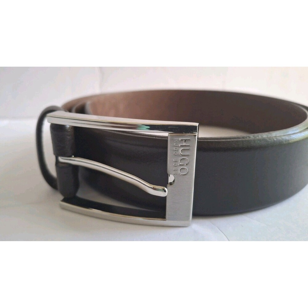 Hugo Boss Cow Skin Leather Belt Size 34 Brown Silver Buckle Dress Work Preppy